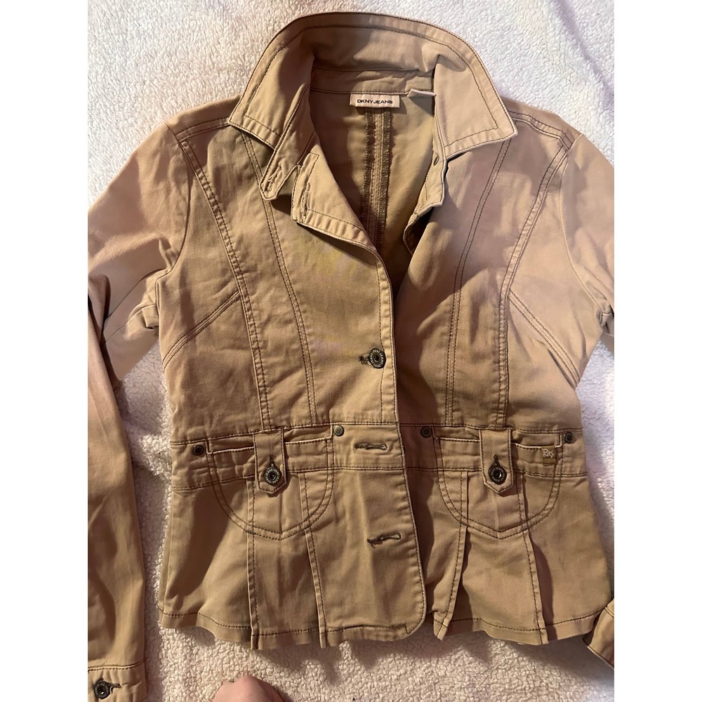 Vintage DKNY Jeans Basic Jacket Women's S Khaki Cotton Collared Long Sleeve